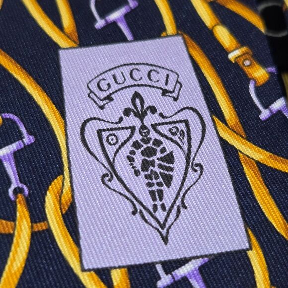 GUCCI Mens Tie Horsebit Pattern bridle belt Silk Italy Blue Gold Old Money - Picture 3 of 7